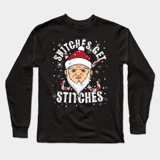 Funny Snitches Get Stitches Santa Elf Xmas Hat Humor Matching Long Sleeve T-Shirt